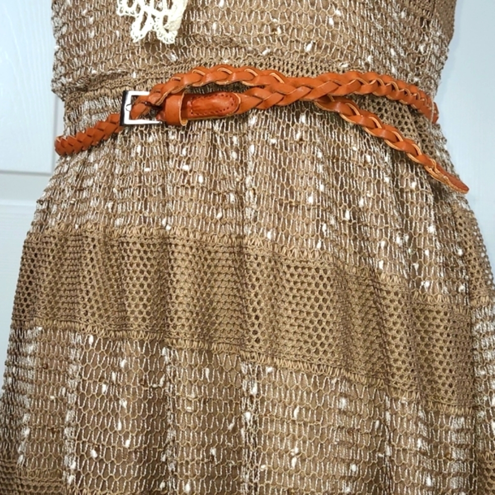 A'reve Striped Sleeveless Maxi Sundress Dress Brown Cream Crocheted Front - Picture 12 of 16